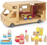 RV Camper Dollhouse for Kids, Wooden Rolling Motorhome with Full Furniture Set, Travel Doll House Toy with Miniature Rooms for Boys & Girls, Pretend Play Adventure Home