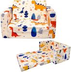 Truwelby Kids Sofa Toddler Couch, Children's 2 in 1 Convertible Sofa to Lounger, Extra Soft Flip Open Chair Sofa Bed, Cute Dinosaur Print Toddler Chair for Kids Girls Boys (Grass Dinosaur, Medium)