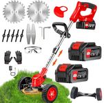 Electric Wireless Rechargeable Edge Cutter 48V-2 Batteries-25cm Cutting Width|3-in-1 Mower & Trimmer |Adjustable Height|3 Blade Types | Lightweight & Portable|Lawn,Yard. (1Grass Cutter-Wheel-Red)