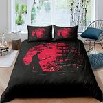 Samurai Bedding Set Sunset Duvet Cover Japanese Samurai Quilt Cover Scenery Silhouette Comforter Cover Room Decoration For Men (1 Duvet Cover With 2 Pillow Cases),King Size