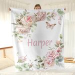 Personalized Baby Blankets with Name, Custom Baby Blankets for Girls, Customized Floral Rose Baby Blanket, Soft Flannel Throw Blanket, Birthday Gift for Baby, Newborn, New Mom