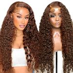 Tunfine #4 Chocolate Brown Human Hair wig for Woman,13x4 HD Lace Front Wigs Human Hair,180 Density Deep Wave Curly Frontal Wig Human Hair,Pre Plucked Natural Hairline Glueless Real Hair Lace Wigs 18"