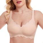 MOEOZLLO V Neck Floral Bras for Women Wireless Jelly Strip Bralette for Women T-Shirt Bra No Underwire Cross Back Adjustable Bra Beige-L