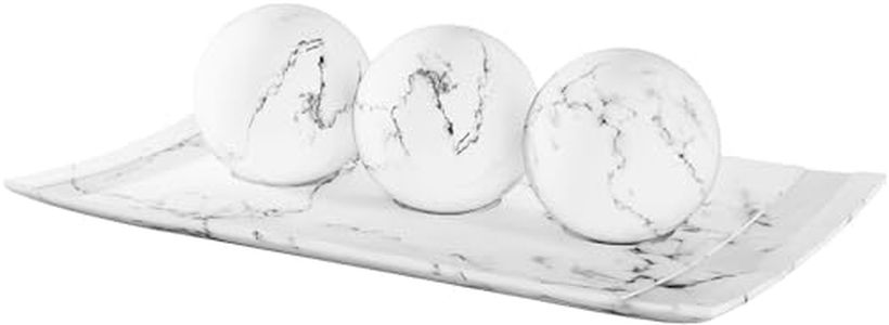 White Home Decor Tray and Orb Set Coffee Table Decor for Living Room Centerpiece Table Decorations for Dining Table, Kitchen Counter, Foyer, Entryway Decor Elegant House Decoration (Marble Look)