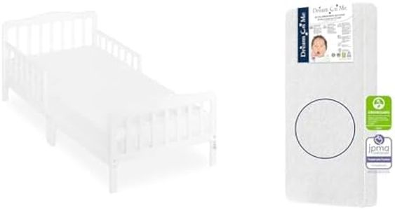 Dream On Me Toddler Bed, Mattress & Bedding Bundle - Classic Design Toddler Bed in White, Twilight 5" 88 Coil Mattress