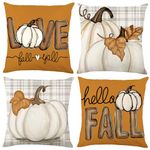 Heirloom Haven Hallo Fall Pumpkin Throw Pillow Covers 18x18 Set of 4, Maple Leaves Love Autumn Thanksgiving Harvest Decorative Pillows Outdoor Farmhouse Seasonal Cushion Case for Home Sofa Couch Decor