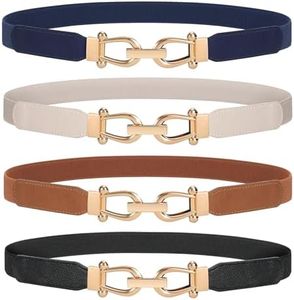 WERFORU Women Skinny Belt for Dresses Retro Stretch Waist Belt with Gold Buckle Set of 4,Black+Brown+Blue+Beige