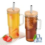 24oz Bamboo Mason Jar Set of Two, Cold Drinking Glass with Handle, Stainless Steel Straw and Wooden Lid, Reusable Drinking Glasses for Iced Coffee, Juice, Bubble Tea, Milkshake