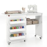 COSTWAY Folding Sewing Table, 2-in-1 Rolling Craft Table with Storage Shelves and Lockable Casters, Space Saving Sewing Machine Cabinet Computer Desk (White)