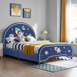 Costzon Twin Bed Frames for Kids, Wood Upholstered Twin Bed Platform with Slat Support, Padded Headboard&Footboard, No Box Spring Needed, Easy Assembly, Fits Standard Twin Mattress (Rocket)