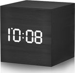 JALL Digital Alarm Clock, 12/24H Time Display, 3 Alarm Settings, Adjustable Volume, Snooze, Sound Control, 2.5-inch Cubic Small Wood Made Electric Clocks for Bedroom, Bedside, Desk (Dark Wood)