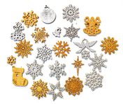 StepsToDo Snowflake Party Decoration Foam Ornaments Gift Set Total 45 Pieces for Tree, Wall, Window Hanging. One Side Golden. Another Side Silver. Glittery Xmas Decoration Kit