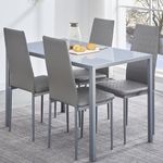 5 Pieces Glass Table and Chair Set for 4 Rectangle Grey Kitchen Dining Room Set, Rectangular Tempered Glass Table with 4 Faux Leather Dining Chairs for Kitchen/Dinette/Restaurantand Small Space