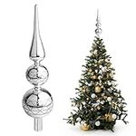 Christmas Tree Topper - 32cm Tall Stem Silver Colour Reflective Glass Spherical Tree Topper - Christmas Tree Decoration Glitter Glass Ornament - Xmas Party Tree Top Decorations