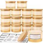 CONNOO 15 Pack 4 OZ Fall Amber Glass Candle Jars with Airtight Bamboo Lids for Making Candles, Bulk Small Wide Mouth Empty Candle Containers with Sticky Warning Labels - Dishwasher Safe, Champagne