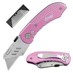 Vickay Utility Knife Heavy Duty Box Cutter with 5 SK5 Quick Change Blades, Safety Axis Lock Design Razor Knife, Lightweight Aluminum Body Belt Clip for Office (Pink)