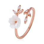 18K Gold Double Leaf Ring Gold/Silver/Rose Gold Leaves Leaf Laurel Ring White Shell Flower Opening Ring Dainty Zircon Crystal Ring Adjustable Leaf Finger Ring for Women, Gold, copper