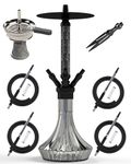 NOBLE HOOKAH Hookah Set 4 Connections Medium Hookah Made of Aluminium and Leathers, Shisha 4 Hoses and Handles with Shisha Head, Glass Bowl, Black