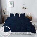 Easy Bedding- 300 TC Pinch Ruffle 2 Tone Duvet/Razai/Blanket Cover with 2 Pillow Cover- 100% Cotton (Zipper Closure) Razai Cover 3 PC Set, Soft & Lightweight-Queen Size White/Navy Blue