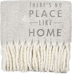 Pavilion Gift Company There's No Place Like Home 50x60 Super Soft Herringbone Chevron Tassel Throw Blanket, Gray