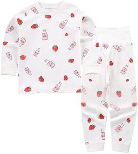 YANWANG 100% Cotton Baby Boys Girls Pajamas Set Long Sleeve Sleepwear(White-Strawberry,12-24 Months)