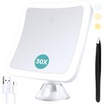 Magnifying Mirror with Light,30x Magnifying Lighted Vanity Mirror with Touch Control and Suction Cup, Rechargeable,3 Colours Lighting,360° Rotation, Bathroom Vanity and Travel Mirror, Square