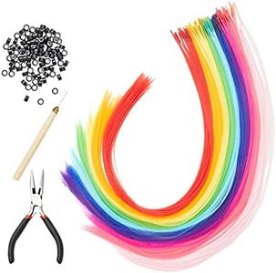 Glamlily Colored Hair Extensions for Kids, Hair Extension Beads, 100-Pcs Synthetic Strands in 10 Rainbow Colors, Includes Tools and Microbeads for Daily Use, Costumes, Formal Events (20 in)