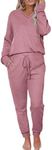 Becotal Womens Pajama Sets Waffle Knit 2 Piece Lounge Sets Sleepwear Loungewear Pjs Sets Long Sleeve V Neck Top and Pant Fall, Rose Gray, XX-Large