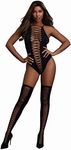 Dreamgirl Women's Opaque Seamless Criss-Cross Teddy and Matching Stockings Set, Black, One Size