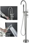 Freestanding Bathtub Faucet Floor Mount Tub Filler Brush Nickel, OMEKNTOP Modern Freestanding Tub Faucet with 360 Swivel Gooseneck Spout and Handheld Shower, Standing Tub Faucet for Bathroom