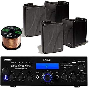 Pyle PDA6BU Bluetooth Radio USB AUX Amplifier Stereo Receiver Bundle With 4x Kicker KB6000B 6.5" Full Range Bookshelf Waterproof Speaker + 1x Enrock 50ft 16g Speaker Wire