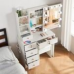 Guanglai Makeup Desk Set Power Strip and Storage Drawers, Vanity Table with Mirror and Light, 3 lighting Modes Adjustable Brightness for Women Bedroom