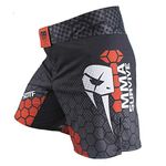 SOTF Men's MMA Boxing Fight Stretch Sports Shorts with Pocket, Large, Black Red