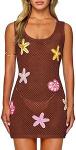 FAIRY SEASON Women's Crochet Beach Cover Up with Hand-Embellished 3D Starfish & Seashells, Sleeveless Dress for Vacation Coffee