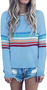 ECOWISH Women's Sweater Rainbow Colorful Striped Sweaters Long Sleeve Crew Neck Color Block Casual Pullover Blouse Tops 01 Light Blue X-Large