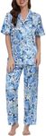 Lavenderi Women's Short Sleeves Classtic Satin Pajama Set, Blue Flower, Small