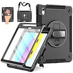 Miesherk Case for iPad 10th Generation: Military Grade 3-Layer Full Body Protective Cover for iPad 10th Gen 10.9 inch 2022-Screen Protector-Pen Holder-Rotating Stand-Hand/Shoulder Strap-Black