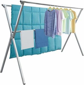 Koreal Clothes Drying Rack, 1.9 Meter Stainless Steel Adjustable Laundry Drying Rack, Heavy Duty Clothes Dryer Stand Horse, Foldable Laundry Rack with 20 Windproof Hooks & 12 Clips