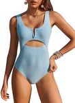 AI'MAGE Womens One Piece Swimsuits Tummy Control Bathing Suit 2024 Cutout High Waisted V Neck Monokini Swimwear Light Blue S