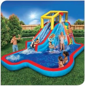 Banzai Inflatable Water Slide - Huge Kids Pool (14 Feet Long by 8 Feet High) with Built in Sprinkler Wave and Basketball Hoop - Heavy Duty Outdoor Aqua Blast Lagoon - Blower Included