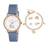 RADLEY Blue Leather Strap Watch with 18ct RGP Stud Earrings and Charm Bracelet RY21642A-SET