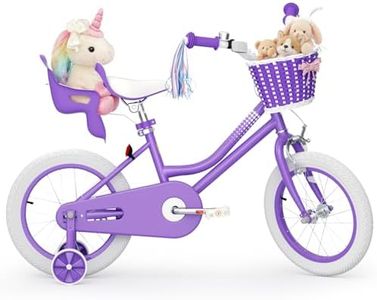 KORIMEFA Girls Bikes Ages 2-7 with Training Wheels 12 14 16 Inch, Toddler Bicycle with Streamers, Basket and Doll Seat, Coaster Brake, Birthday Gift