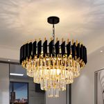 SUANI Black Golden Italian K9 Crystal Ceiling Fixture Metal Chandelier | Chandelier | Chandelier for Living Room | Jhumar for Home | Jhoomar for Hotel | Chandelier Light, Black Gold, Round (500) mm