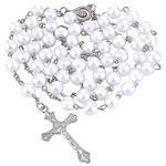 Karjiaja White Pearl Rosary Beads Catholic Necklace Glass Beads Necklace with Crucifix Charms Long Rosary Beads Necklace Prayer Beads Necklace Catholic Rosary Necklace for Men Women