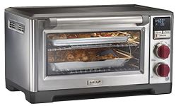 Wolf Gourmet Elite Digital Countertop Convection Toaster Oven with Temperature Probe and 7 Cooking Modes, Stainless Steel, Red Knobs (WGCO150S-C)