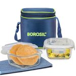 Borosil Klip n Store Lunchbox with Bag | Set of 2 (320ml Each), Square | Borosilicate Glass, Vertical | Microwave & Dishwasher Safe, Leakproof | Tiffin for Office/School/College | Blue, Transparent