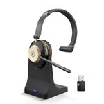 Bluetooth Headset V5.3, Wireless Headset With Mic For Work 45Hrs, QCC Chip Headphones with Noise Cancelling Microphone, Charging Base, USB Dongle & Mute Button, For PC/Phones/Skype/Zoom/Office