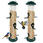 2Pack Metal Bird Feeders Hanging Tube for Garden – Wild Bird Seed Feeder with 6 Feeding Ports, Steel Hanger, Weatherproof Hanging Bird Feeder for Small Birds, Niger Seeds & More