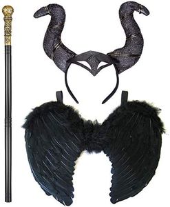 REDSTAR FANCY DRESS Girls Evil Witch Halloween Costume 3pc Set Black Feather Wings, Gold Staff and Horned Headband