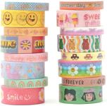 YUBX Cute Cartoon Washi Tape Set 16 Rolls Bright Colors Kawaii Masking Graphic Decorative Tapes for Arts, DIY Crafts, Journals, Planners, Scrapbook, Wrapping